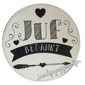 sticker met tekst '' Juf bedankt'' 6 cm doorsnee