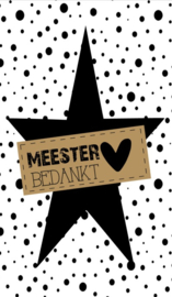 Klein bedank kaartje met tekst ''Meester bedankt'' 5 bij 8.5 cm.