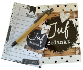 Juf setje hartjes, notitie blokje, a6 kaart, klein kaartje, plus pen.