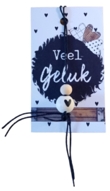 Klein bedank kaartje met tekst ''Veel geluk'' 5 bij 8.5 cm. met gelukspopje.