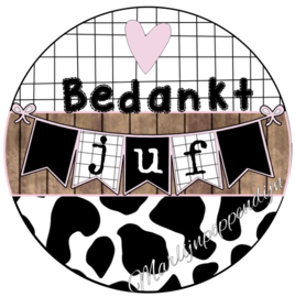 Sticker met tekst ''Bedankt juf'' 6 cm doorsnee.