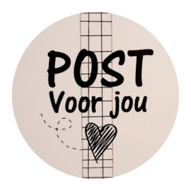 Sticker rond 4 cm met tekst Post voor jou,  per 5 stuks.