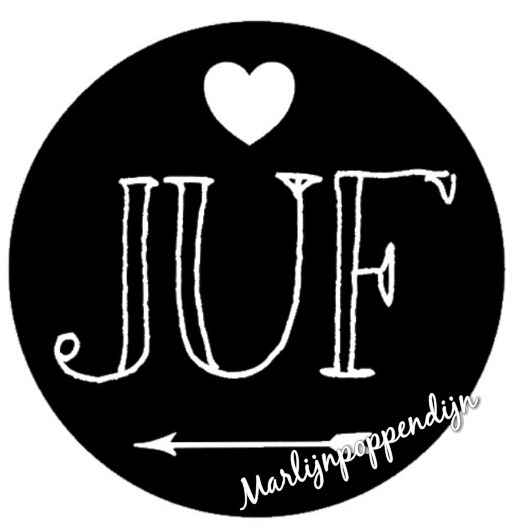 Sticker met tekst '' juf '' 6 cm doorsnee.