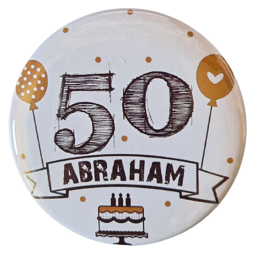 Button  met tekst ''50 Abraham''56 mm
