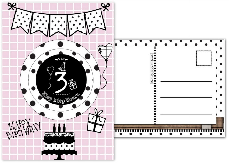 3.Verjaardagskaart roze met envelop , met button 3 jaar.