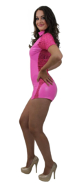 Lak catsuit hotpink met kant