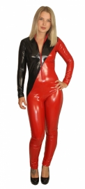 Lak catsuit asym in zwart rood