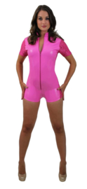 Lak catsuit hotpink met kant