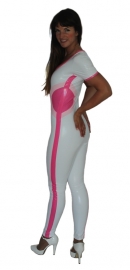 Witte lak catsuit afgewerkt met roze