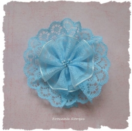 (BLro-021) Bloem-rozet - dubbel laagje kant/organza - aqua - 55mm