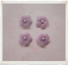 (BLO-002) 4 organza bloemetjes met pareltje - lila - 13mm