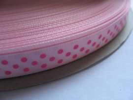 (ST-003) Stippen lint - satijn - licht roze met fuchsia stippen  - 10mm