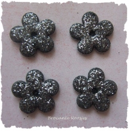 (BLGL-010) 4 glitter bloemetjes - donkergrijs - 13mm