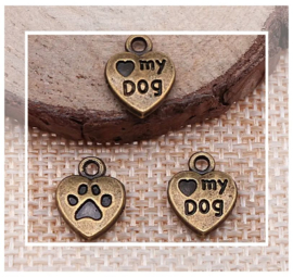 (B-004) Bedel - hartje  - I love my dog / pootje - brons - 13mm