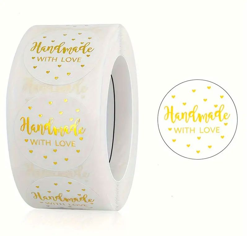 25 Stickers - Handmade with love - hartjes - wit-goud - 2,5cm