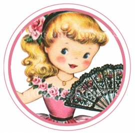 (FB-021) Flatback button - vintage meisje - waaier