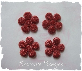 (BLGL-016) 4 glitter bloemetjes - rood - 2cm