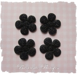(BLGL-019) 4 glitter bloemetjes - zwart - 2cm
