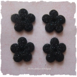 (BLGL-011) 4 glitter bloemetjes - zwart - 13mm