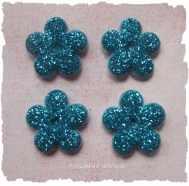 (BLGL-006) 4 glitter bloemetjes - aqua - 13mm