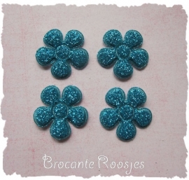 (BLGL-017) 4 glitter bloemetjes - aqua -  2cm