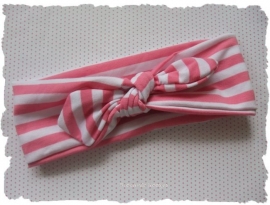 (GHK-001) Geknoopte haarband - elastisch - gestreept - roze/wit