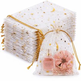 (OZ-001) Organza zakje - maantjes en sterren - wit/goud - 15x20cm