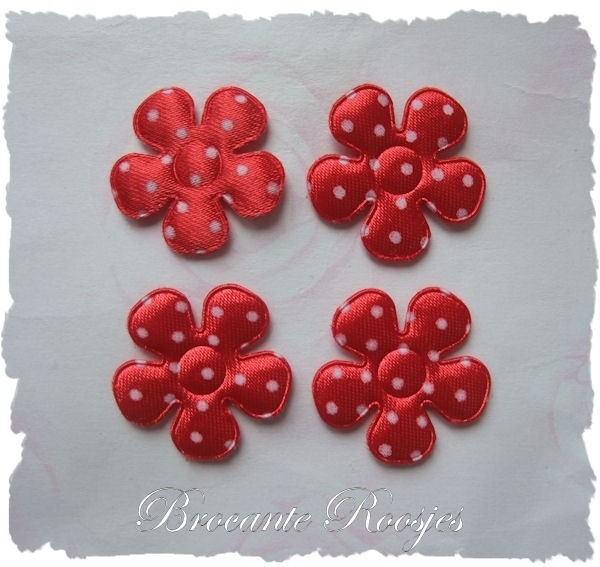 (BLs-013) 4 polka dot bloemetjes - satijn - rood - 25mm
