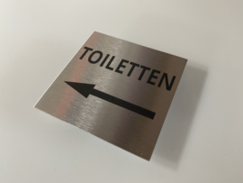 RVS deurplaatje, opschrift tekst TOILETTEN + pijl links 9 x 9 cm