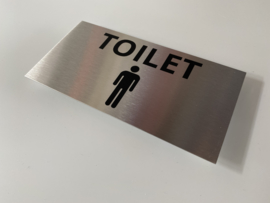 RVS deurplaatje, opschrift "TOILET + PICTOGRAM HEREN" 18x9cm