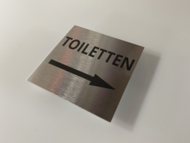 RVS deurplaatje, opschrift tekst TOILETTEN + pijl rechts 9 x 9 cm