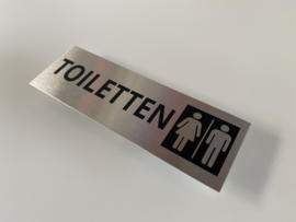 RVS deurplaatje, opschrift "TOILETTEN" + picto dames / heren 15 x 5 cm