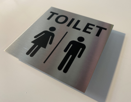 RVS deurplaatje, tekst TOILET + pictogram HEREN DAMES  9 x 9 cm