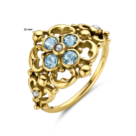 Gouden Vintage Ring met Filigrain Bloemen, Parel en Blauw Topaas