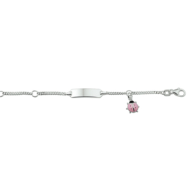 Zilveren Armband met Naamplaatje en Roze Lieveheersbeestje 11 cm