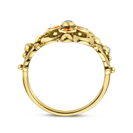 Gouden Vintage Ring met Filigrain Bloemen, Parel en Citrien