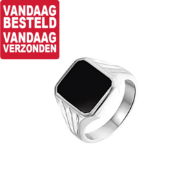 Vierkante Zwarte Onyx Steen Zegelring van Zilver / Maat 18,5