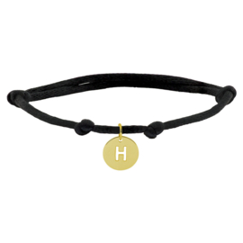 Zwarte Knooparmband met 14K Gouden Ronde Letter Hanger H