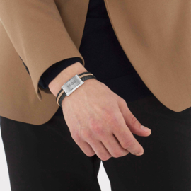 BOSS GALEN Lederen Armband Zwart met Bruin 19 cm | Graveren Mogelijk!