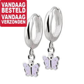 Vlinder Hanger Klapcreolen van Zilver met Paarse Emaille