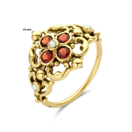 Gouden Vintage Ring met Filigrain Bloemen, Parel en Granaat 0.12ct h si