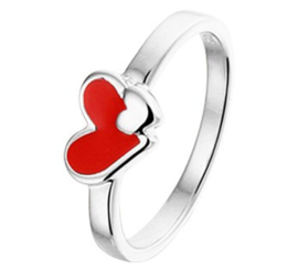 Zilveren Ring met Rood Emaille Hart met Kleiner Hart