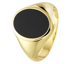 Moderne Ovale Zwarte Onyx Zegelring van Massief Geelgoud