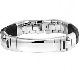 Robuuste Edelstalen Graveer Armband met Zwart Leer