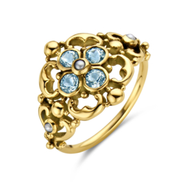 Gouden Vintage Ring met Filigrain Bloemen, Parel en Blauw Topaas