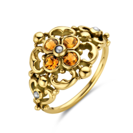 Gouden Vintage Ring met Filigrain Bloemen, Parel en Citrien