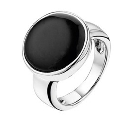 Gerhodineerd Zilveren Ring met Ronde Zwarte Onyx Steen