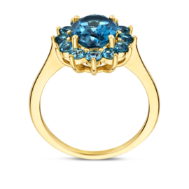 Gouden Ring Blauw Topaas met London Blue Topaas Halo