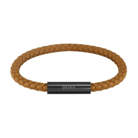 BOSS BRAIDED LEATHER Gevlochten Lederen Armband Bruin 19 cm