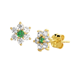 Flora Flower Gouden Diamanten Rozet Oorknoppen met Groene Smaragd